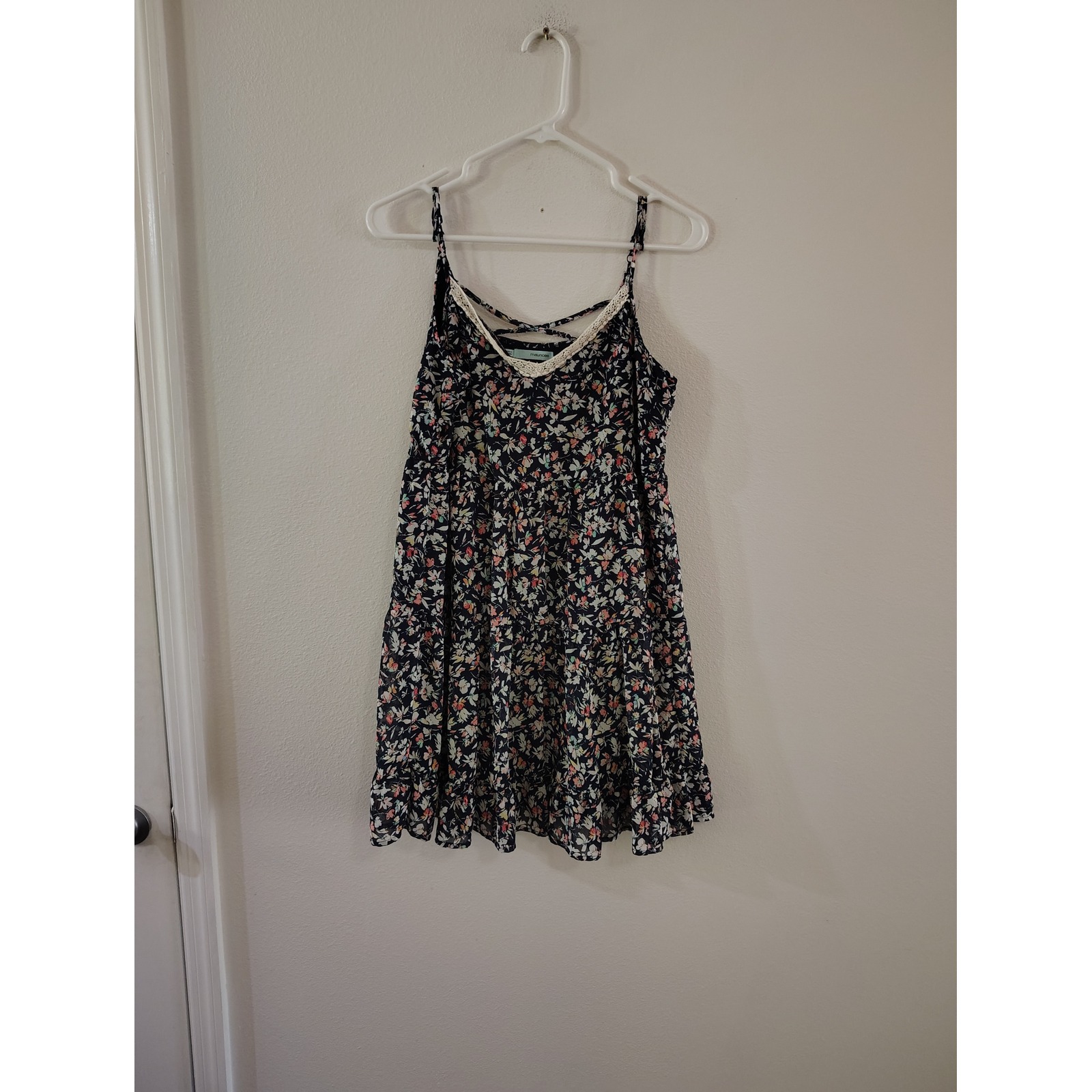 Maurices Womens Floral Mini Dress Navy Blue Crochet Lace Tiered Boho Medium